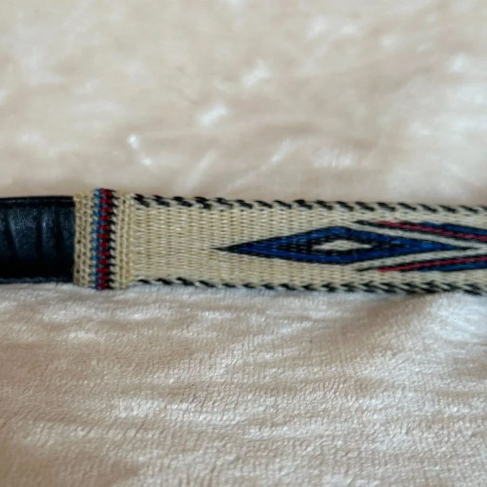 Southwestern Brass Buckle Woven Black Leather Strap Belt Women's 30